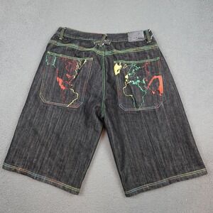 Regal Jeans Shorts Mens 38 Black Denim World Map Pockets Rasta Stitching